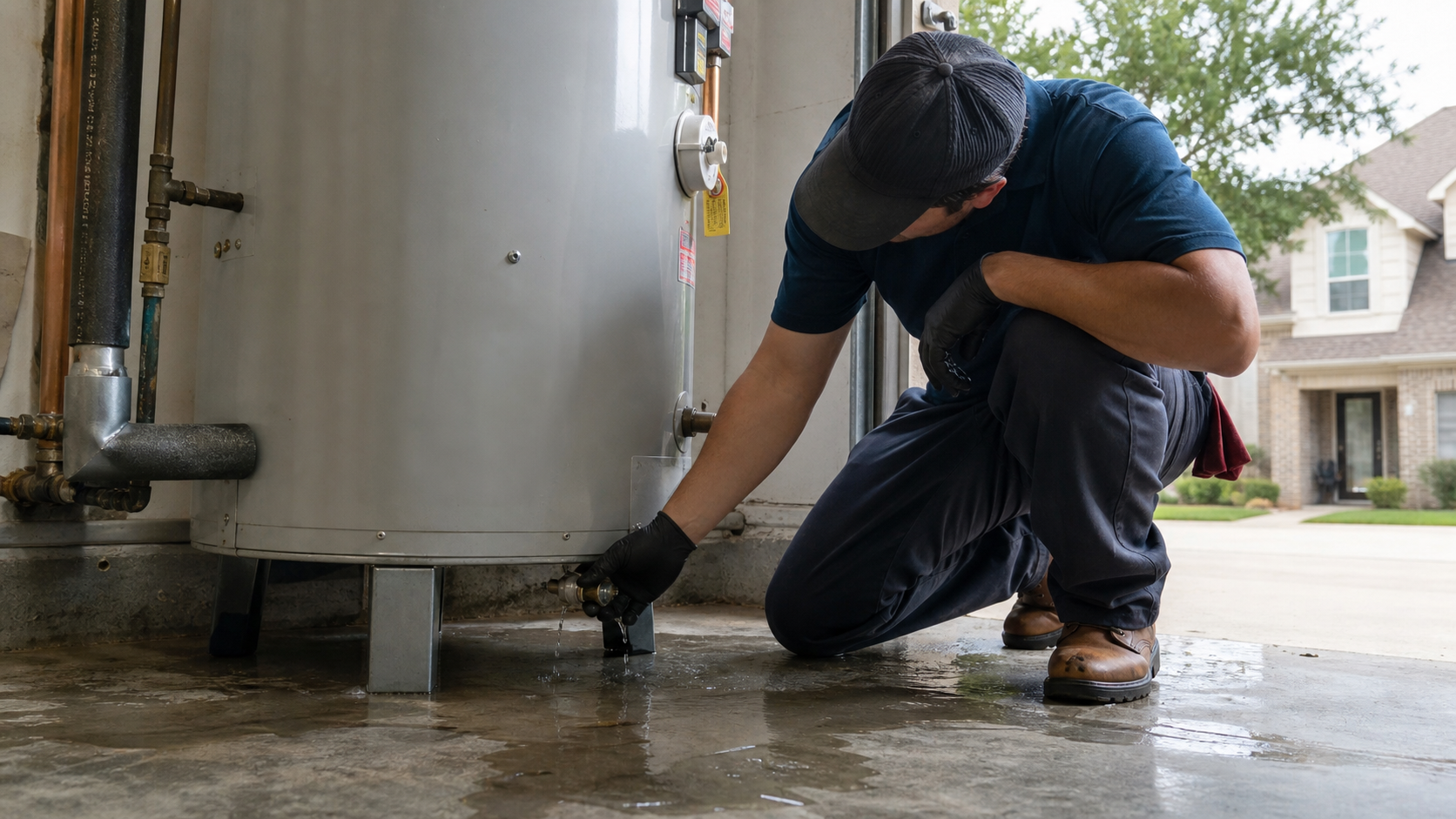 Leaking water heater with water on the floor